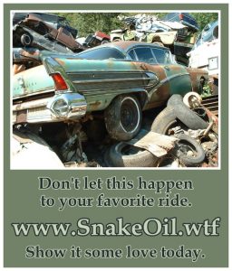 This world is filled with junkyards where formerly beloved vehicles rust and rot into Never-Never Land. Keep yours alive longer with Snake Oil by Gadgetman.